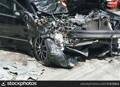 crashed damaged broken car. automobile crash collision accident
