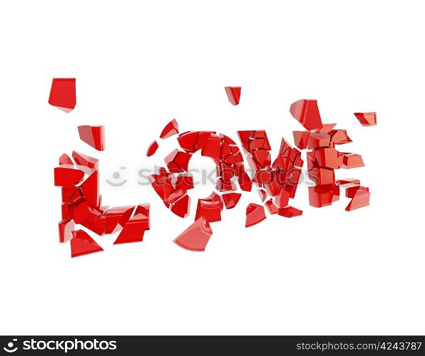 Crashed love, word broken into tiny glossy red pieces isolated on white