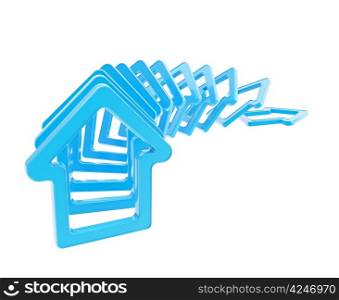 Crashing real estate market: queue line of blue glossy house emblems falling down as domino effect isolated on white background