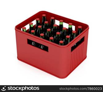 Crate full with lager beer bottles on white background