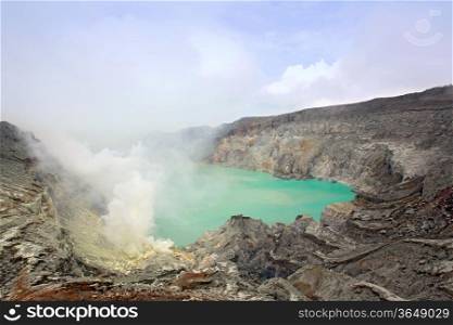 Crater of volcano Khava Ijen, Sulfur mine in Java Island Indonesia.