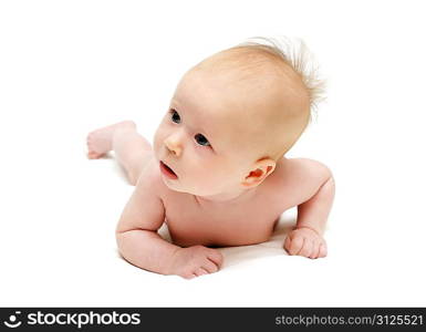 Crawling baby looking left isolated