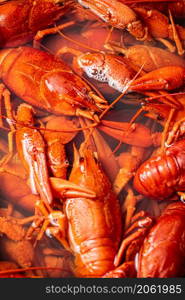 Crayfish are boiled in a pot in water. Macro background. High quality photo. Crayfish are boiled in a pot in water.