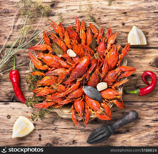 crayfish in a metal dish. prepared crayfish with spices on a stylish tray