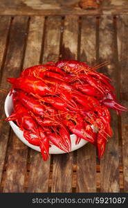 Crayfish. red boiled Crayfish in bowl on wooden table