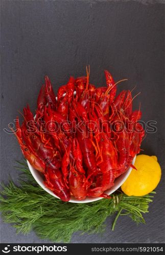 Crayfish. red boiled Crayfish in bowl with dill and lemon on black board