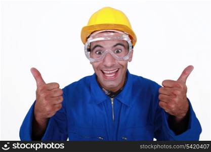 Crazy builder giving the thumbs-up
