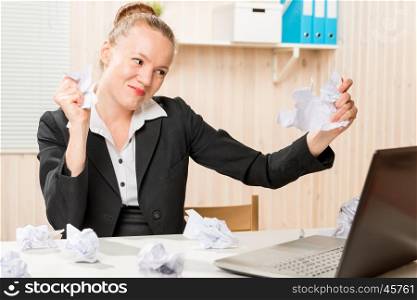 crazy business woman vomits important documents at your desk