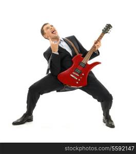 crazy businessman with red guitar over white