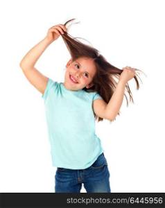 Crazy child girl pullin her hairs isolated on a white background