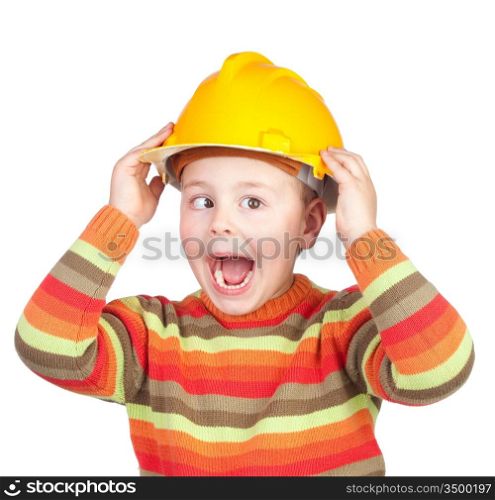 Crazy construction worker isolated on white background