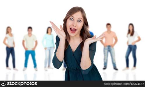 Crazy cool woman with many people with unfocused background