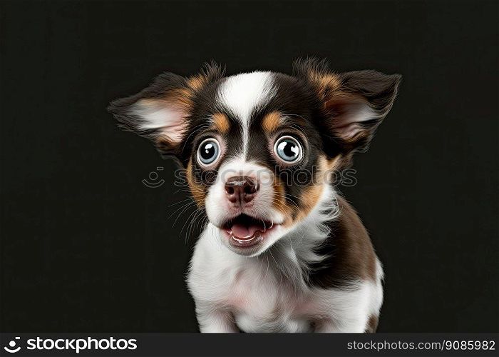 Crazy cute white and brown dog on dark background. Generative AI