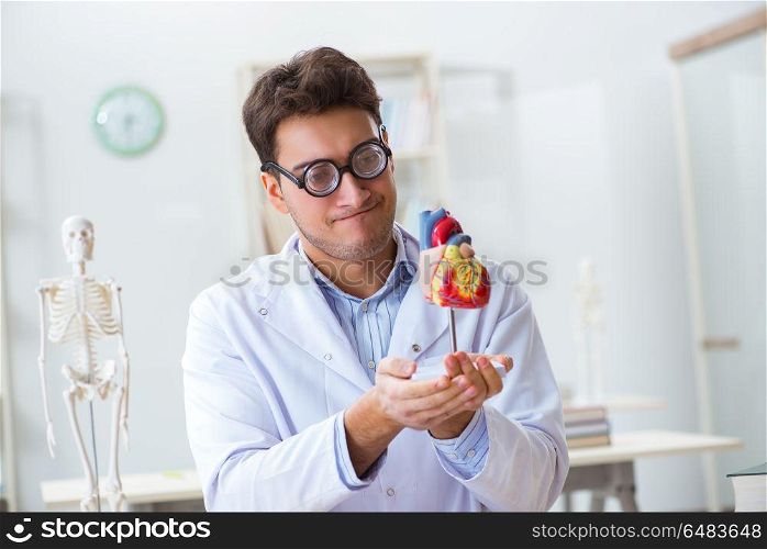 Crazy doctor with heart model