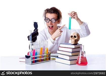 Crazy female chemist in lab