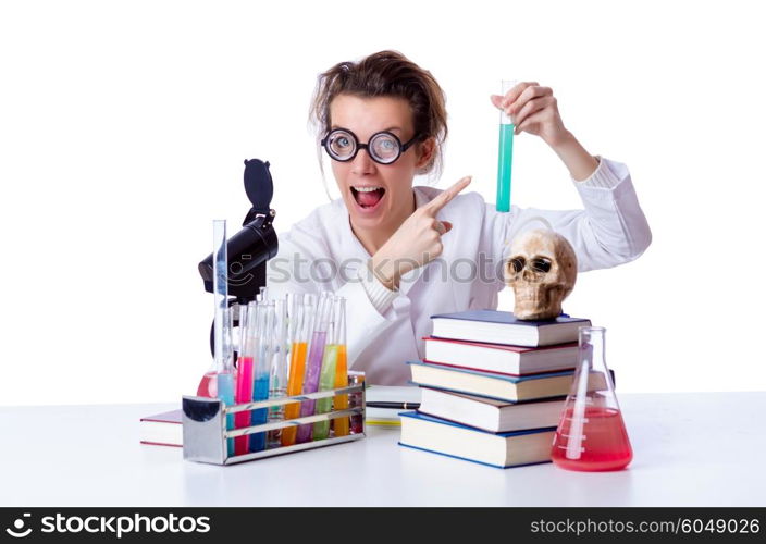 Crazy female chemist in lab