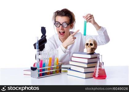 Crazy female chemist in lab