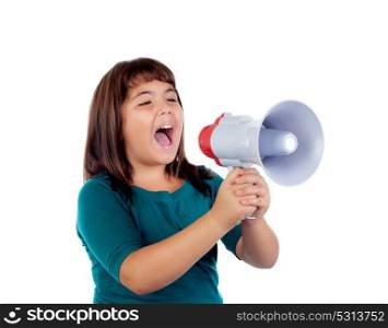 Crazy funny girl shouting through a megaphone isolated on a white background