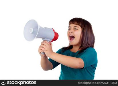 Crazy funny girl shouting through a megaphone isolated on a white background