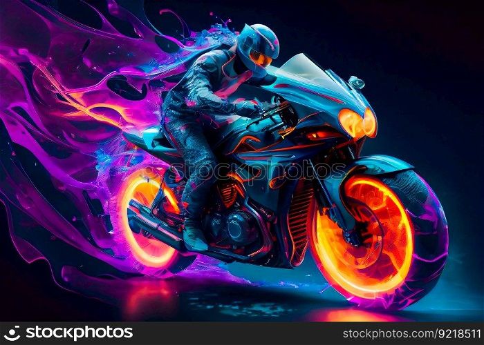 Crazy futuristic motorbike.  Man On A Motorcycle.  Generative AI
