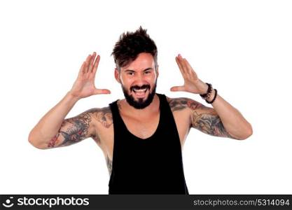 Crazy guy with tattoos in his arms isoalted on a white background