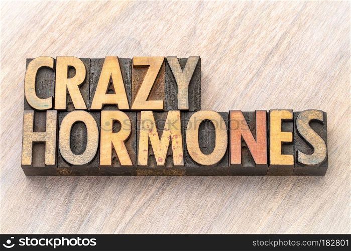 crazy hormones word abstract in wood type. crazy hormones - word abstract in vintage letterpress wood type stained by color inks