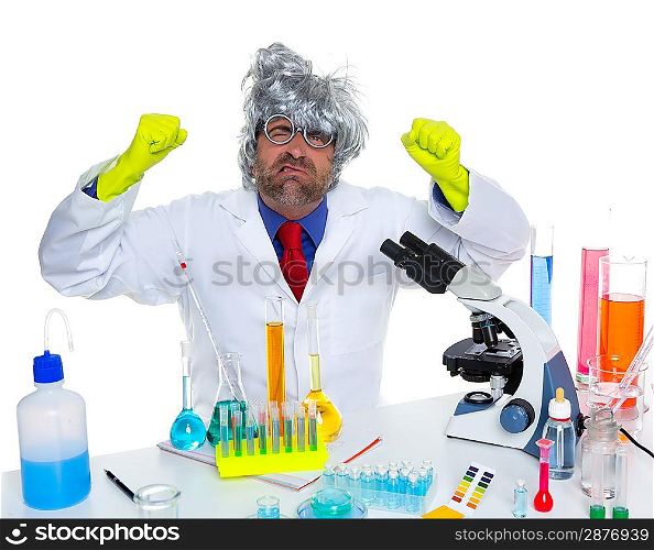 Crazy mad nerd scientist funny expression at laboratory on chemical experiment