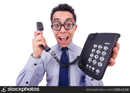 Crazy man with phone on white