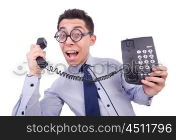 Crazy man with phone on white