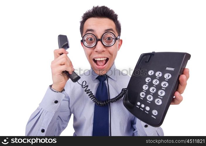Crazy man with phone on white