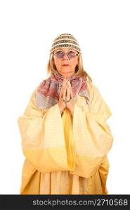 Crazy new age woman in a yellow robe