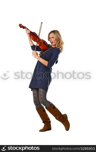 crazy performer - blond girl with violin having fun