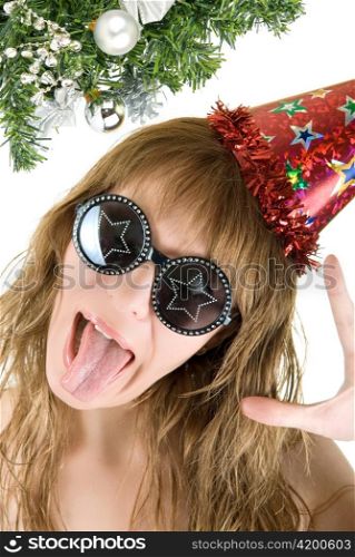 Crazy pretty festive woman isolated on white background