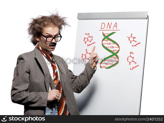 Crazy professor / scientist / lecturer with mad hairstyle wearing horn rimmed glasses and fake mustache standing in front of a whiteboard and pointing at dna structure
