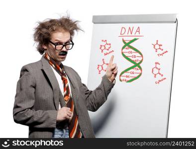 Crazy professor / scientist / lecturer with mad hairstyle wearing horn rimmed glasses and fake mustache standing in front of a whiteboard and pointing at dna structure