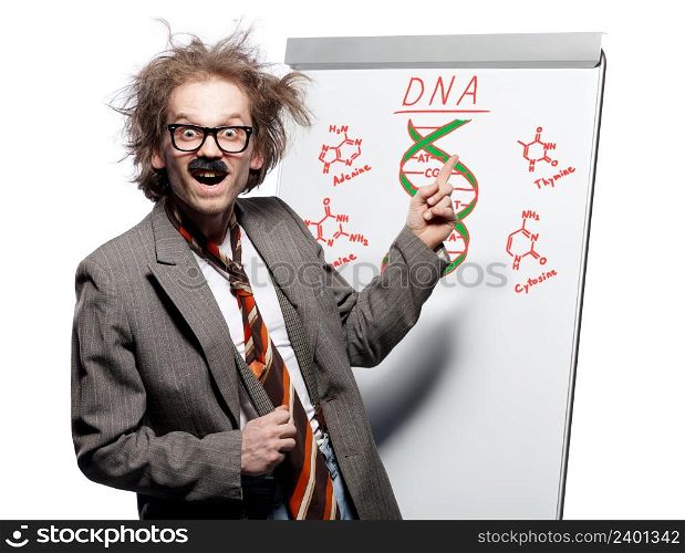 Crazy professor / scientist / lecturer with mad hairstyle wearing horn rimmed glasses and fake mustache standing in front of a whiteboard and pointing at dna structure with happy goofy face