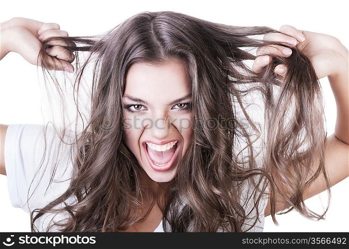 crazy sexy woman with long hair on white background