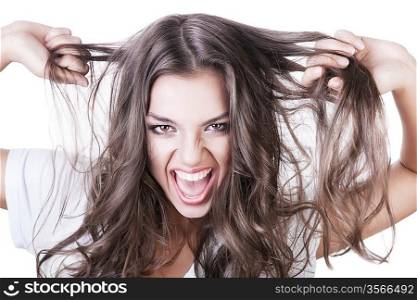 crazy sexy woman with long hair on white background