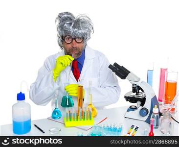 Crazy silly nerd scientist drinking chemical experiment liquid at laboratory