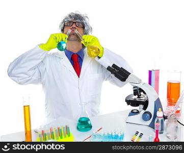 Crazy silly nerd scientist drinking chemical experiment liquid at laboratory