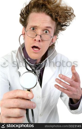 Crazy thirty something male doctor with stethoscope.