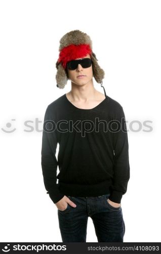 Crazy winter boy, snow hat, grunge modern look isolated on white