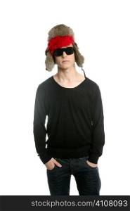 Crazy winter boy, snow hat, grunge modern look isolated on white