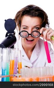 Crazy woman chemist in lab