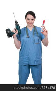 Crazy young beautiful woman doctor with a medical syringe and cordless drill