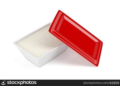 Cream cheese in plastic container on white background