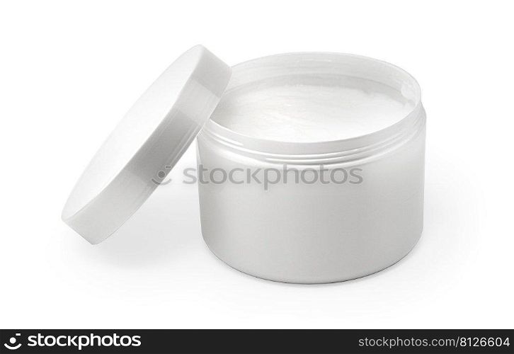 Cream, Gel Or Powder, Light Gray, White, Opened Empty Jar Can Cap Bottle. Blank On White Background Isolated. Ready For Your Design With  clipping path