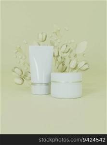Cream jar and squeeze tube on pastel gray background and flowers.