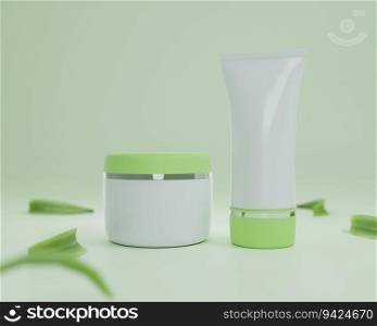 Cream jar and squeeze tube on pastel green background.