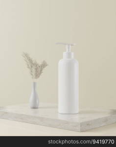 cream or perfume pump bottle on white background and flower vase